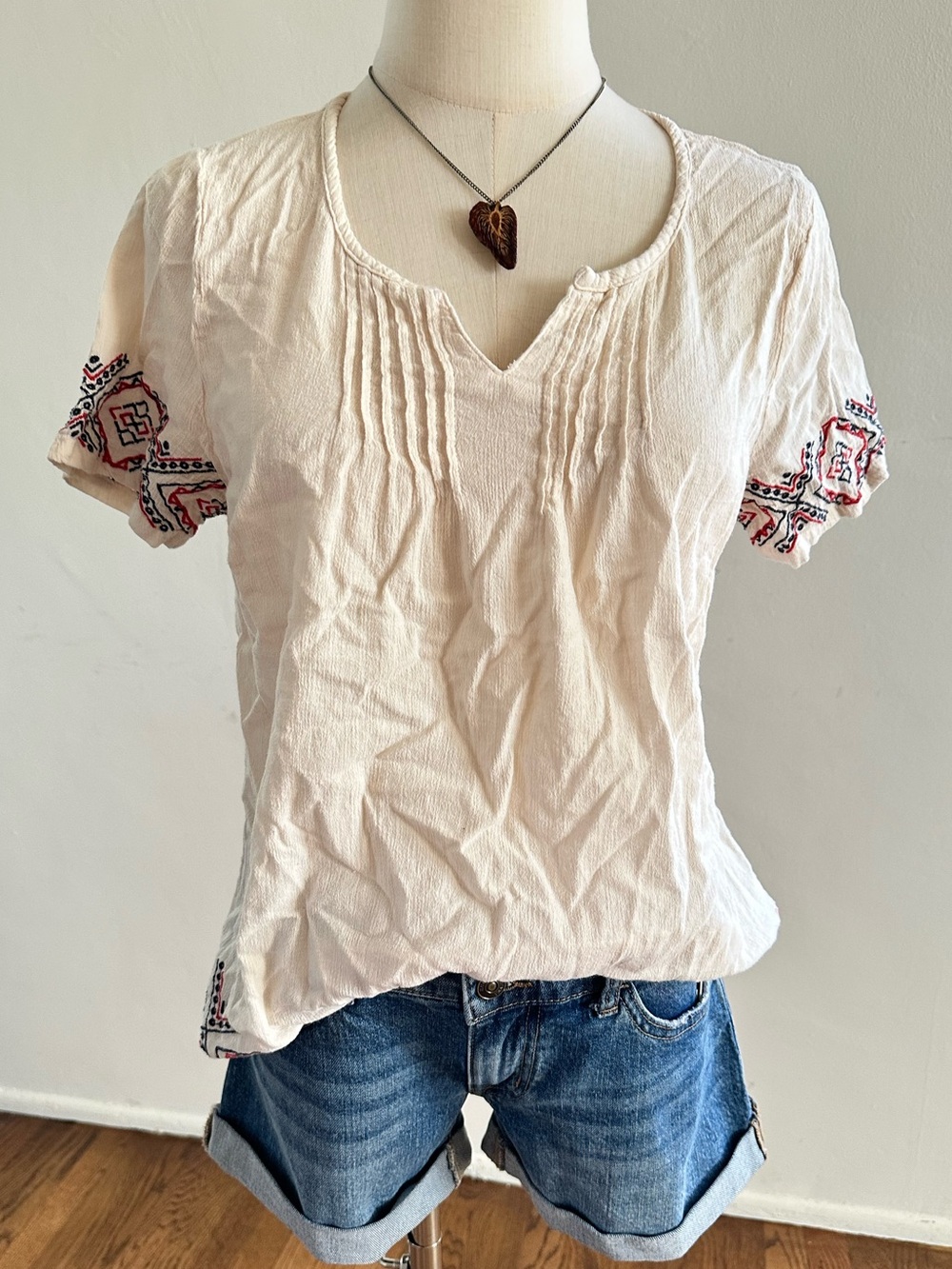 Sonoma Life + Style Embroidered Cotton Peasant Blouse Boho Cream Short Sleeve M